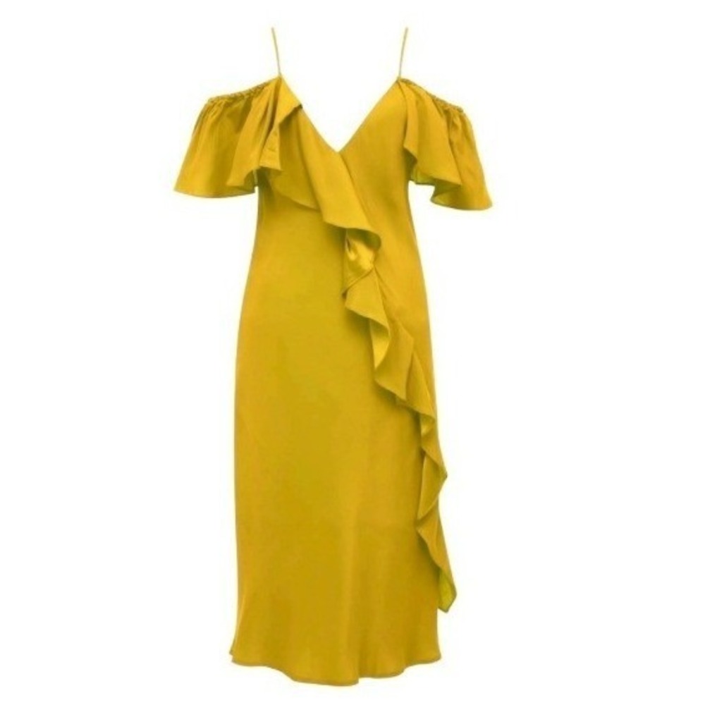 NEW Gold Hawk Victorian Ruffle Silk Dress Mellow‎ Yellow Small